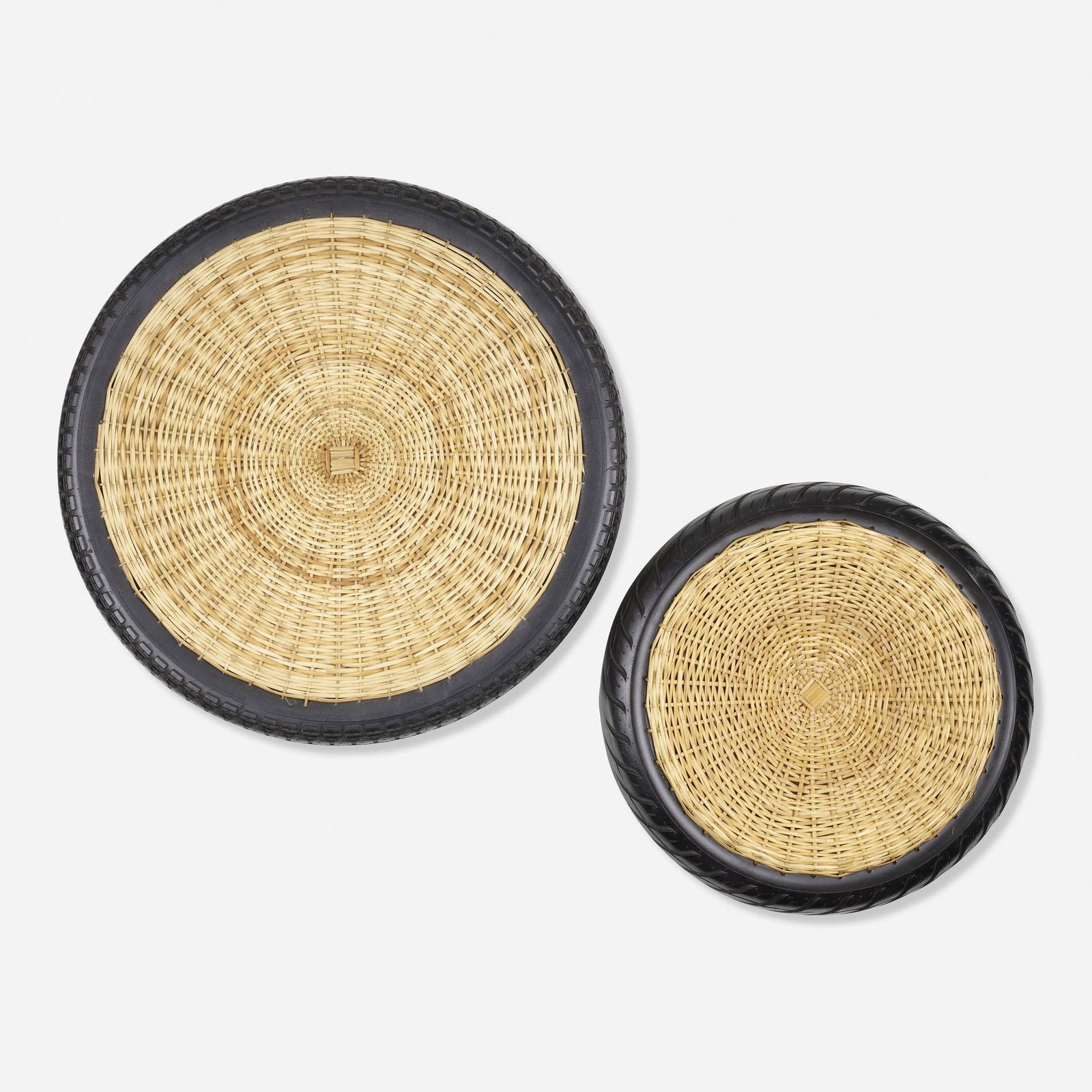 Fernando + Humberto Campana, TransNeomatic bowls: Fernando and Humberto Campana TransNeomatic bowls, set of two ArtecnicaBrazil / Vietnam, 2007repurposed scooter tires, wicker, hand-woven hemp, linen22 dia × 2 h in (56 × 5 cm)