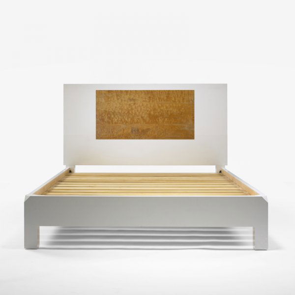 Roy McMakin bed for the Young residence, Chicago: Roy McMakin bed for the Young residence, Chicago Domestic Furniture Company USA, 1999 lacquered and quilted maple 66.5 w x 88.5 d x 48.25 h inches Signed with branded studio mark to footboard: [Domest