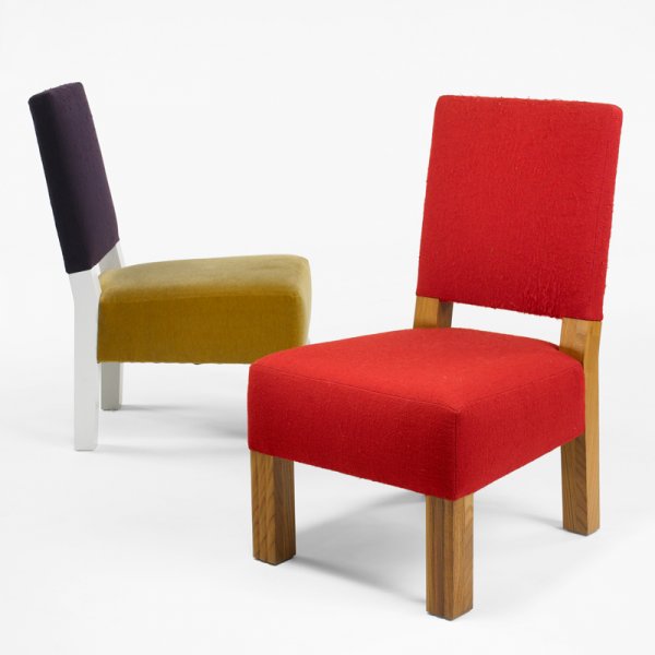 Roy McMakin chairs for the Young residence: Roy McMakin pair of chairs for the Young residence, Chicago Domestic Furniture Company USA, 1999 oak, upholstery, lacquered wood, mohair 20.5 w x 22 d x 36 h inches Provenance: Donald and Shirley Youn