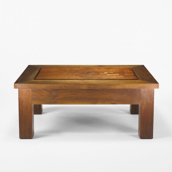 Roy McMakin coffee table for the Young residence: Roy McMakin coffee table for the Young residence, Chicago Domestic Furniture Company USA, 1999 walnut 42 w x 30 d x 17.25 h inches Signed with branded studio mark to underside: [Domestic Furniture Com