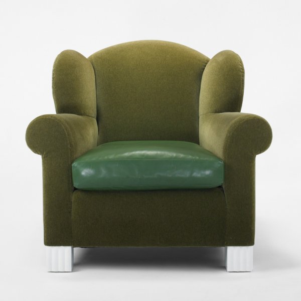 Roy McMakin lounge chair for the Young residence: Roy McMakin lounge chair for the Young residence, Chicago Domestic Furniture Company USA, 1999 mohair, leather, lacquered wood 38 w x 38 d x 38 h inches Literature: Metropolitan Home, Sept.-Oct. 2001,