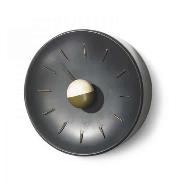 George Nelson & Associates wall clock, model 2280: George Nelson & Associates wall clock, model 2280 Howard Miller Clock Company USA, c. 1960 enameled aluminum, brass, plastic 13.25 dia x 33 h inches Signed with decal manufacturer's label to reve