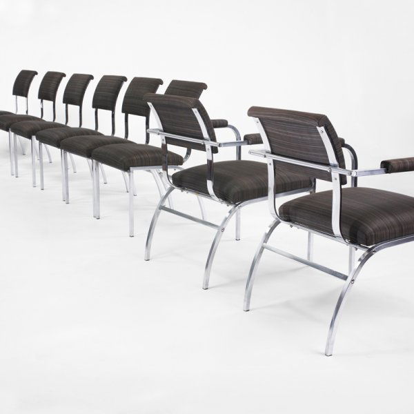 Gilbert Rohde dining chairs, set of eight: Gilbert Rohde dining chairs, set of eight Troy Sunshade Company USA, c. 1940 nickel-plated steel, horsehair, chrome-plated steel 24.5 w x 27 d x 32 h inches Signed with partial decal manufacturer'