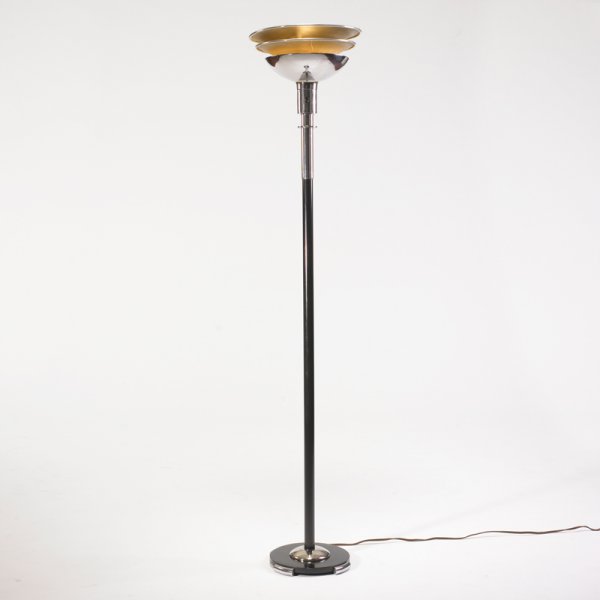 Gilbert Rohde torchiere, model 3489: Gilbert Rohde torchiere, model 3489 Mutual Sunset Lighting Corporation USA, c. 1940 enameled aluminum, chrome-plated steel, aluminum, chrome-plated brass 14 dia x 67.5 h inches
