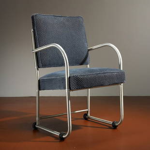 Warren McArthur armchair: Warren McArthur armchair Warren McArthur Corporation USA, c. 1935 anodized tubular aluminum, upholstery, rubber 21.25 w x 21.5 d x 35 h inches Signed with applied manufacturer's mark to