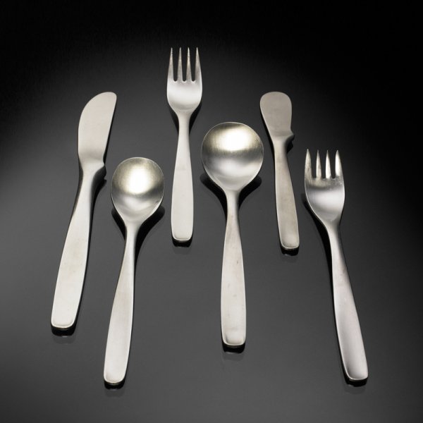 Russel Wright Pinch flatware: Russel Wright Pinch flatware Hull USA , 1950 stainless steel This early set is from the first two years of production, made by Hull in the United States. Complete six-piece serving for eight with four