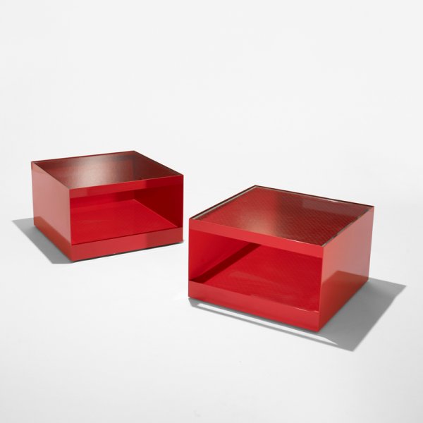 Joe D'urso low rolling tables model 6027T, pa: Joe D'urso low rolling tables model 6027T, pair Knoll International USA, 1980 enameled steel, safety glass 27 w x 27 d x 16.5 h inches Literature: Knoll Design, Larrabee and Vignelli, ppg. 290-29