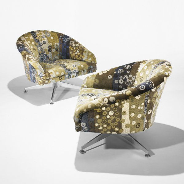 Ward Bennett lounge chairs, pair: Ward Bennett lounge chairs, pair Lehigh Leopold USA, c. 1965 Jack Lenor Larsen upholstery, cast aluminum 31 w x 32 d x 28 h inches