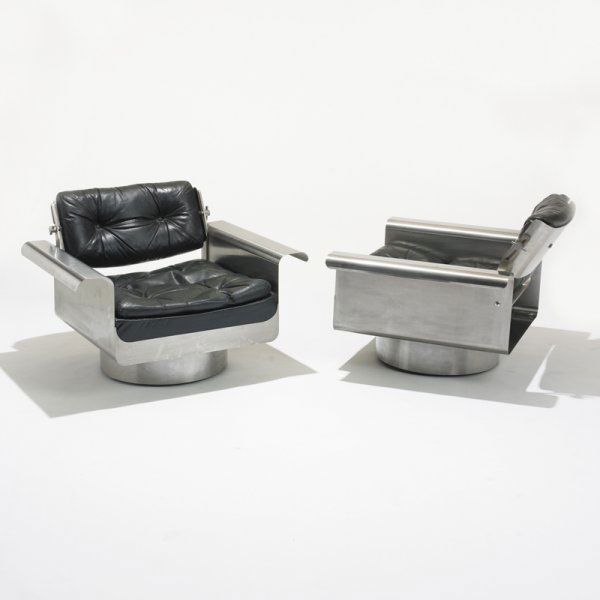 Jacques Charpentier lounge chairs, pair: Jacques Charpentier lounge chairs, pair France, c. 1970 stainless steel, leather upholstery, aluminum 34.5 w x 25.5 d x 25.5 h inches