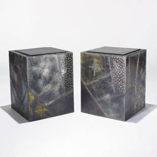 Paul Evans cube tables model PE-20, pair: Paul Evans cube tables model PE-20, pair Paul Evans Studio for Directional USA, 1967 welded and enameled steel, slate 14.5 w x 14.5 d x 18.5 h inches Welded signature to each example: [PE 67].