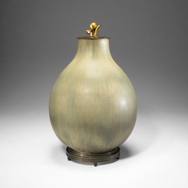 Carl Halier Monumental vessel: Carl Halier Monumental vessel Royal Copenhagen Denmark, 1935 glazed stoneware, cast bronze with applied patina 11 dia x 17.75 h inches Signed with glazed manufacturer's mark to underside: [Royal