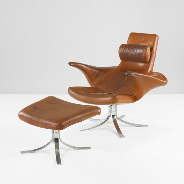 Berg and Eriksson Seagull chair and ottoman: Gösta Berg and Stenerik Eriksson Seagull chair and ottoman Fritz Hansen Denmark, 1968 matte chrome-plated steel, leather 37 w x 36 d x 35 h inches Ottoman measures: 23 w x 19 d x 15.5 h inches. S