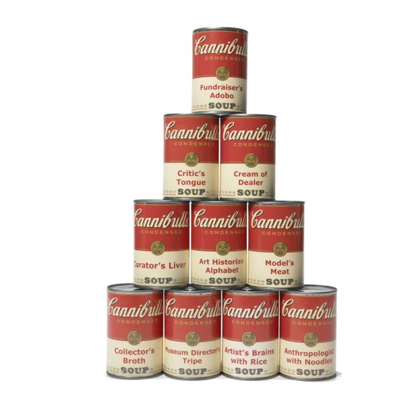 Enrique Chagoya Cannibul's Soup: Enrique Chagoya Cannibull's Soup Mexico/America, 2003 screenprint on paper on aluminum cans 11 w x 2.75 d x 16 h inches Measured as shown. This work retains original box. Provenance: Lisa Sette G