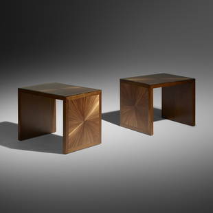 Lison de Caunes, Custom occasional tables, pair: Lison de Caunes Custom occasional tables, pair c. 2010walnut, straw marquetry, glass36.25 w &times; 26 d &times; 28.25 h in (92 &times; 66 &times; 72 cm) These tables feature custom-colored straw