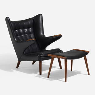 Hans J. Wegner, Papa Bear chair and ottoman: Hans J. Wegner Papa Bear chair and ottoman A.P. StolenDenmark, 1950leather, teak31.25 w × 35.5 d × 39 h in (79 × 90 × 99 cm) Ottoman measures: 27.5 w x 16.25 d x 16.