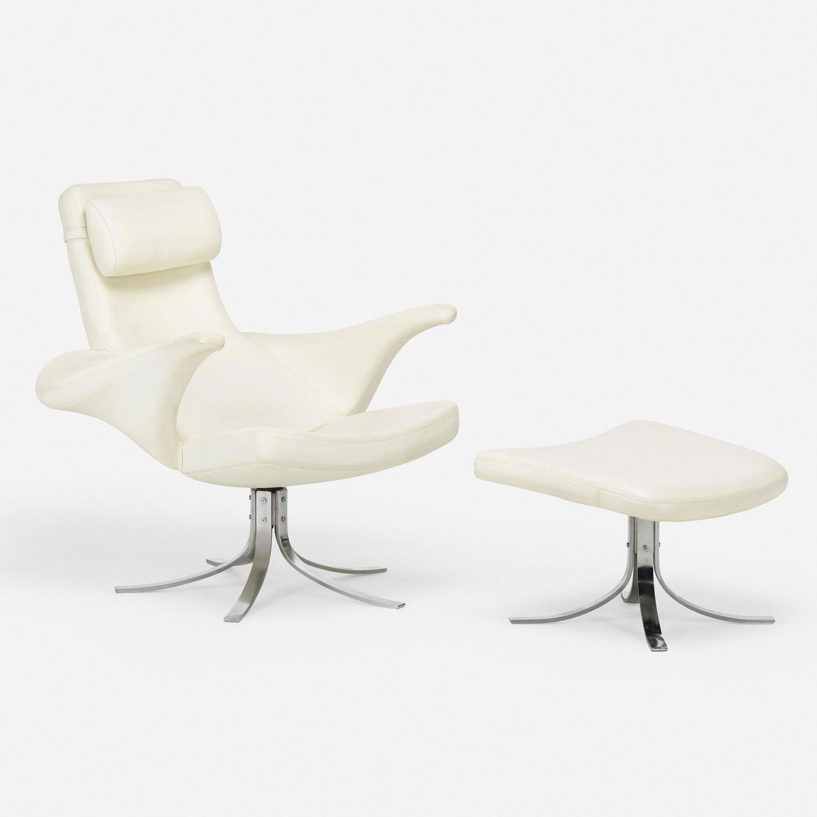 Gosta Berg and Stenerik Eriksson, Seagull chair: Gosta Berg and Stenerik Eriksson Seagull chair and ottoman Fritz HansenDenmark, 1968 / 1971matte chrome-plated steel, leather37 w × 35 d × 36 h in (94 × 89 × 91 cm)
