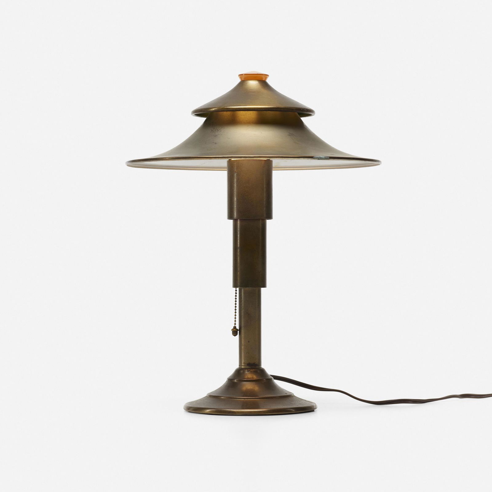 Kem Weber, Table lamp: Kem Weber Table lamp Miller Co.USA, c. 1935patinated steel, glass11 dia × 15 h in (28 × 38 cm) Cast manufacturer's mark to underside 'The Miller 30919-A'. Provena