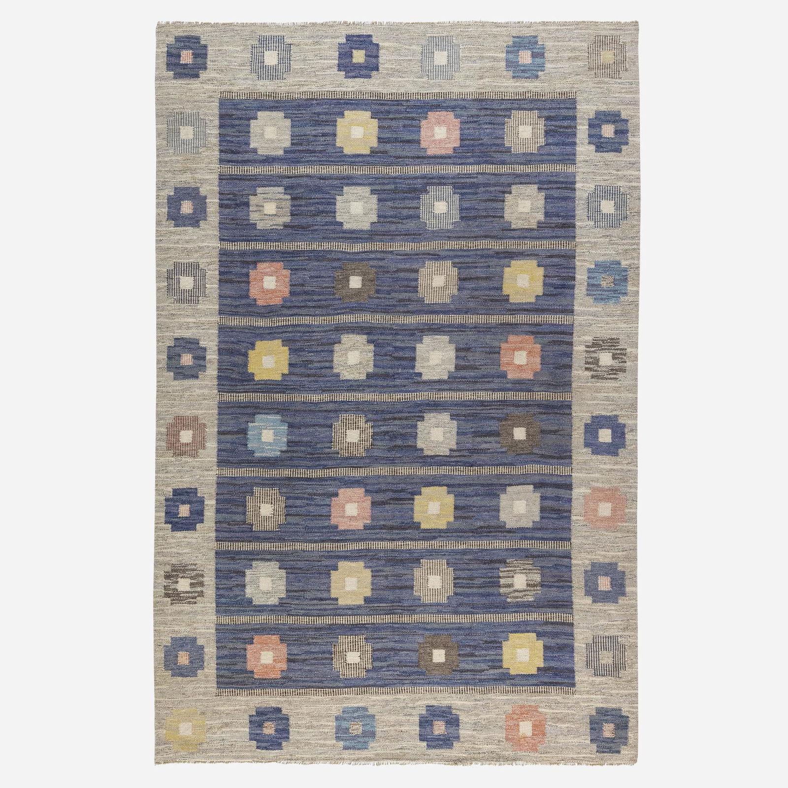 Judith Johansson, flatweave carpet: Judith Johansson flatweave carpet Sweden, c. 1945hand-woven wool90 w × 118 l in (229 × 300 cm)