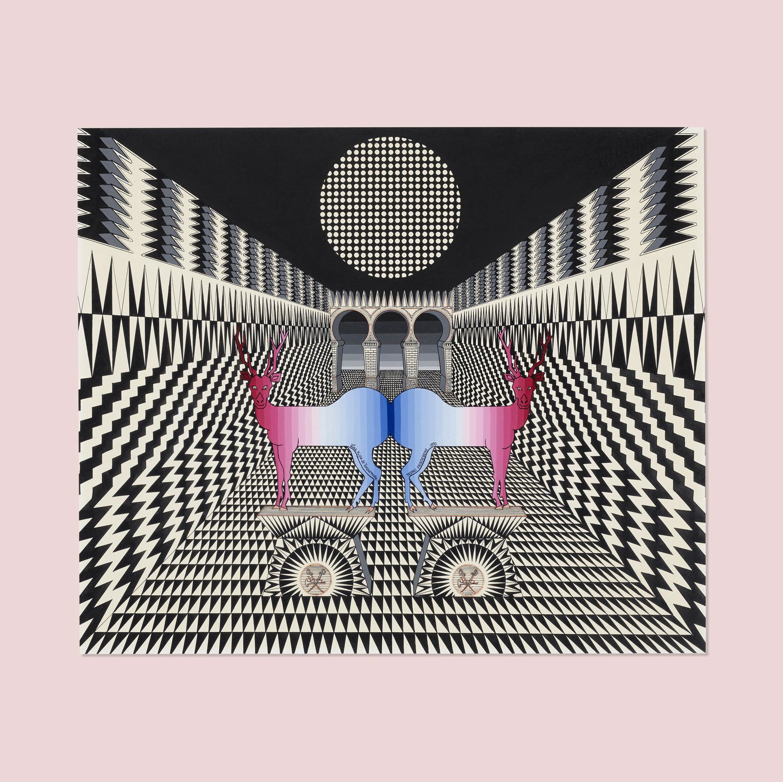 Pedro Friedeberg, The Daughters of Torquemada: Pedro Friedeberg The Daughters of Torquemada 1970ink and acrylic on illustration board 23 h × 19 w in (58 × 48 cm) Signed, titled and dated to center 'Los Hijas Torquemada Pedro Fr