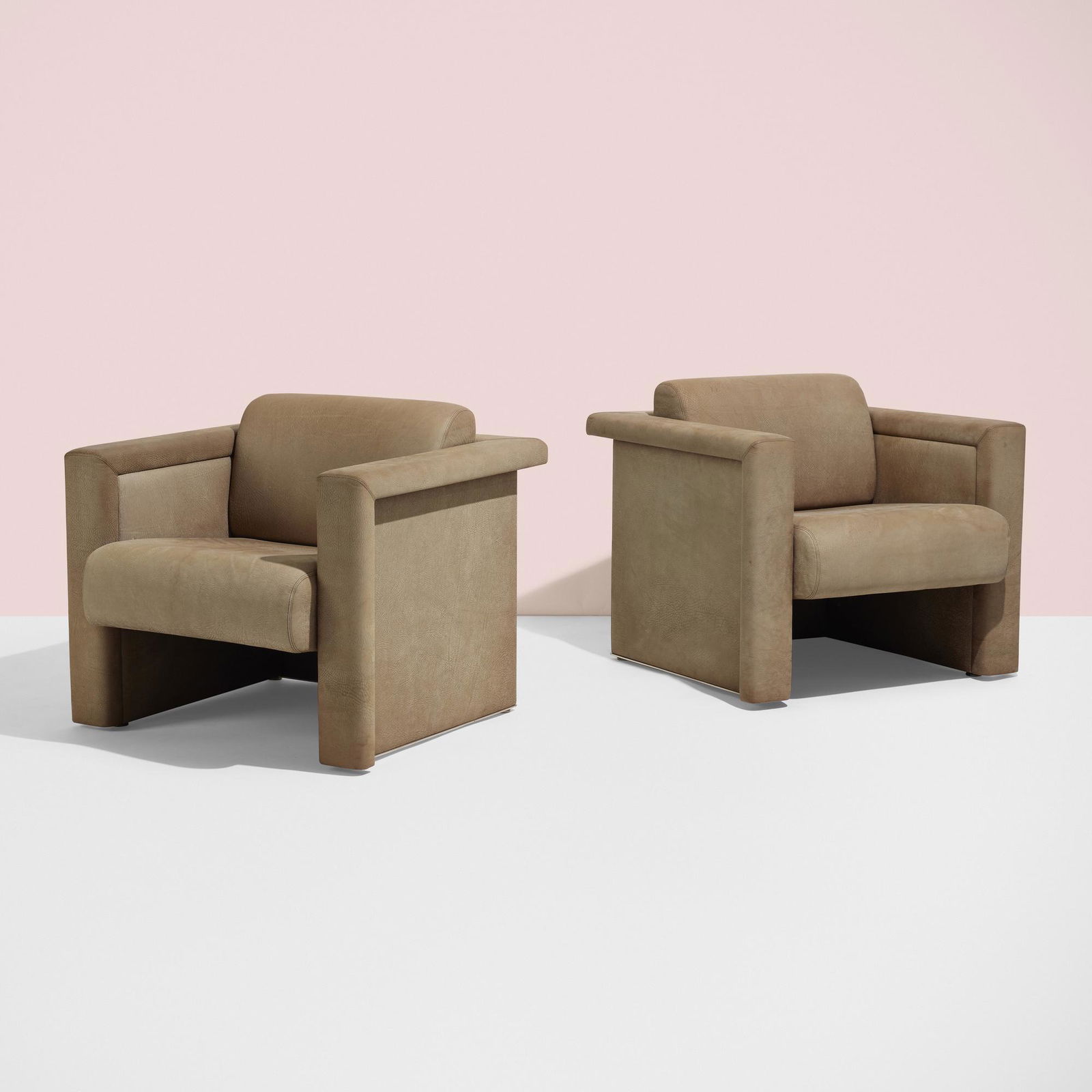 Trix and Robert Haussmann, Lounge chairs, pair: Trix and Robert Haussmann Lounge chairs, pair KnollSwitzerland / Italy, c. 1988buffalo leather, aluminum 29 h × 32 w × 33 d in (74 × 81 × 84 cm) Printed manufactu