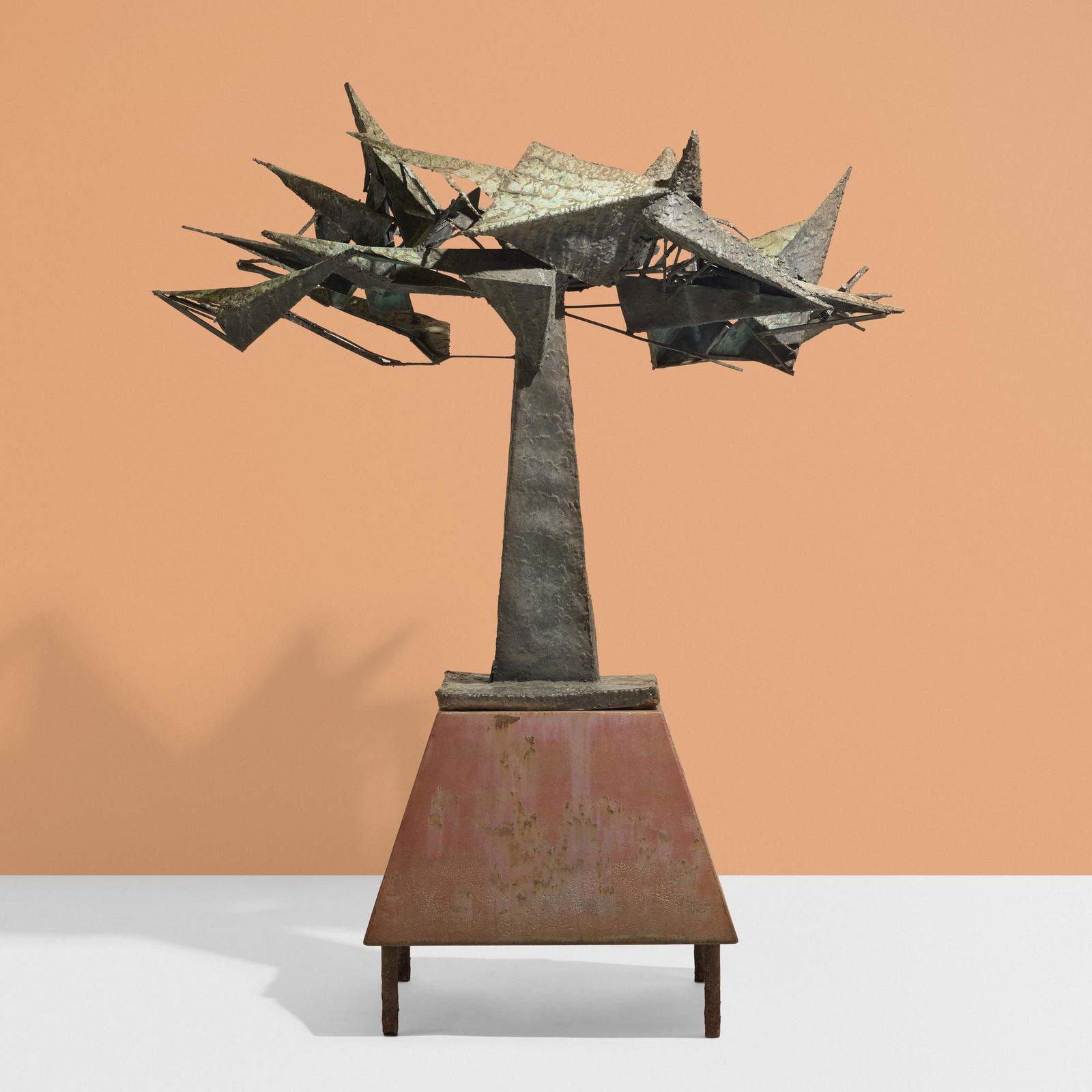 Abbott Pattison, Untitled: Abbott Pattison Untitled c. 1960copper, enameled steel 72 h × 67 w × 30 d in (183 × 170 × 76 cm) Engraved signature to upright 'Pattison'. Provenance: