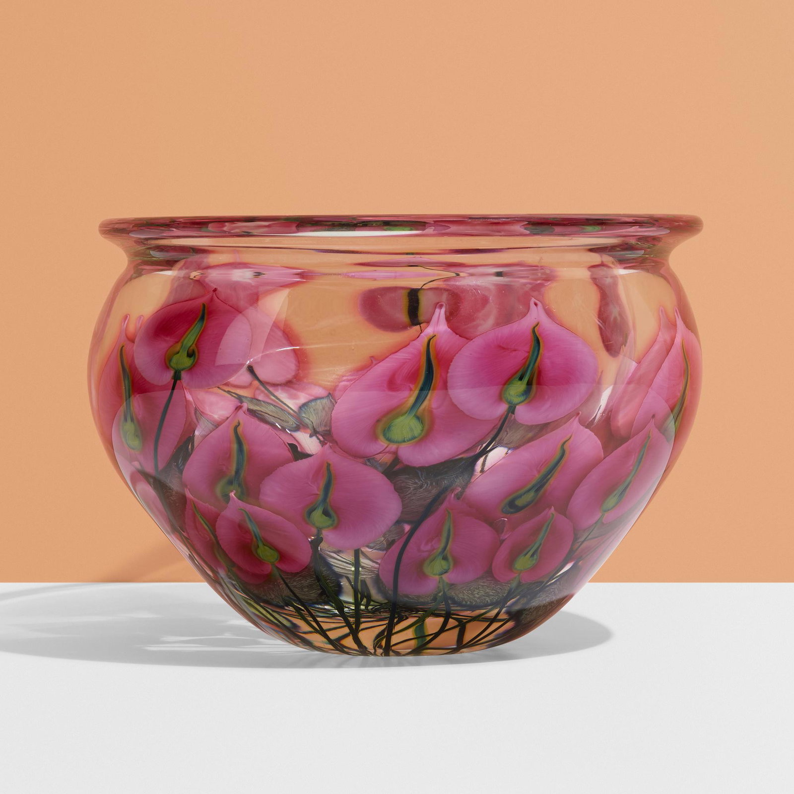 Daniel Lotton, Pink Anthuriums bowl: Daniel Lotton Pink Anthuriums bowl USA, 2008 hand-blown glass 9 h × 12.75 dia in (23 × 32 cm) Incised signature and date to underside 'Daniel Lotton 2008'. Provenance