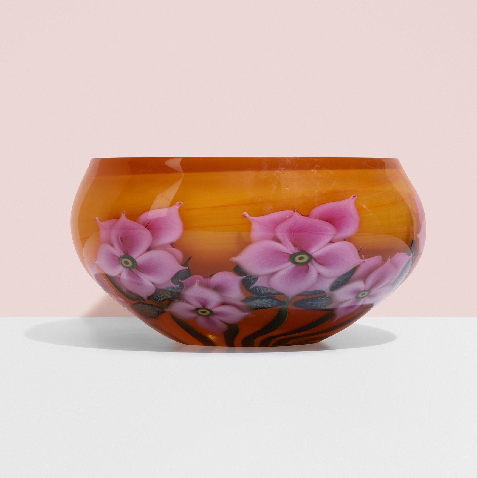 Daniel Lotton, Pink floral bowl: Daniel Lotton Pink floral bowl USA, 2008 hand-blown glass 7 h × 13.25 dia in (18 × 34 cm) Incised signature, title and date to underside 'Daniel Lotton 2008 To All The Taxman'. <