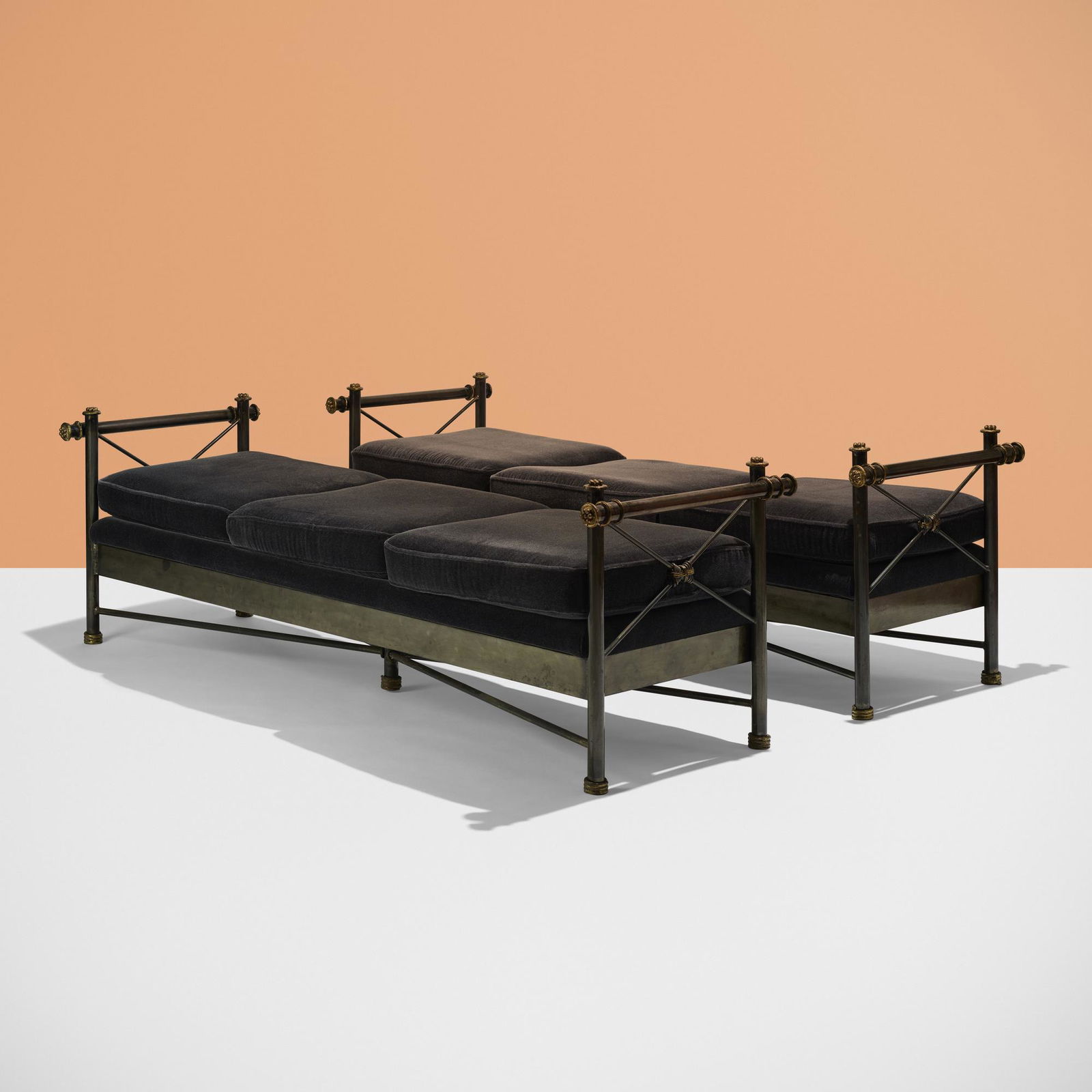 Contemporary, Daybeds, pair: Contemporary Daybeds, pair c. 2000enameled steel, brass, mohair 30.5 h × 98 w × 31 d in (77 × 249 × 79 cm) Provenance: Private Collection, Chicago