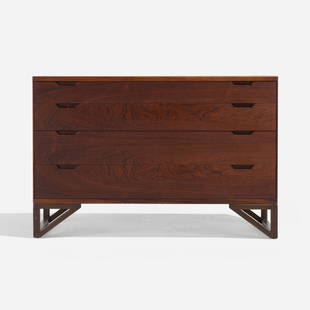 Svend Langkilde, Cabinet: Svend Langkilde Cabinet Holger ChristiansenDenmark, c. 1960rosewood 26 h × 36.25 w × 18.5 d in (66 × 92 × 47 cm) Cabinet features five drawers. Metal distributor'