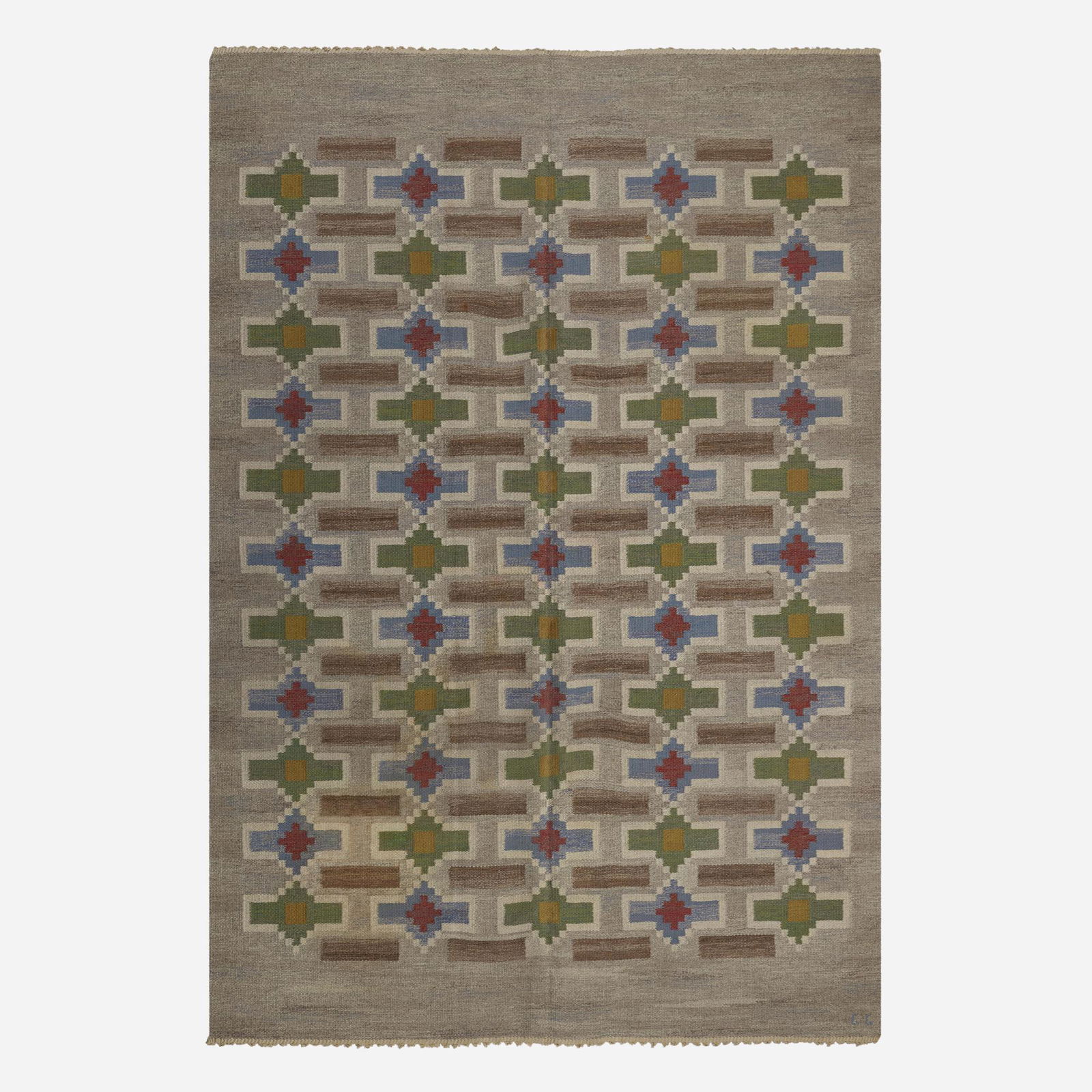 Judith Johansson, Flatweave carpet: Judith Johansson Flatweave carpet Sweden, c. 1955hand-woven wool 82 w × 120 l in (208 × 305 cm) Woven signature to edge 'JJ'.