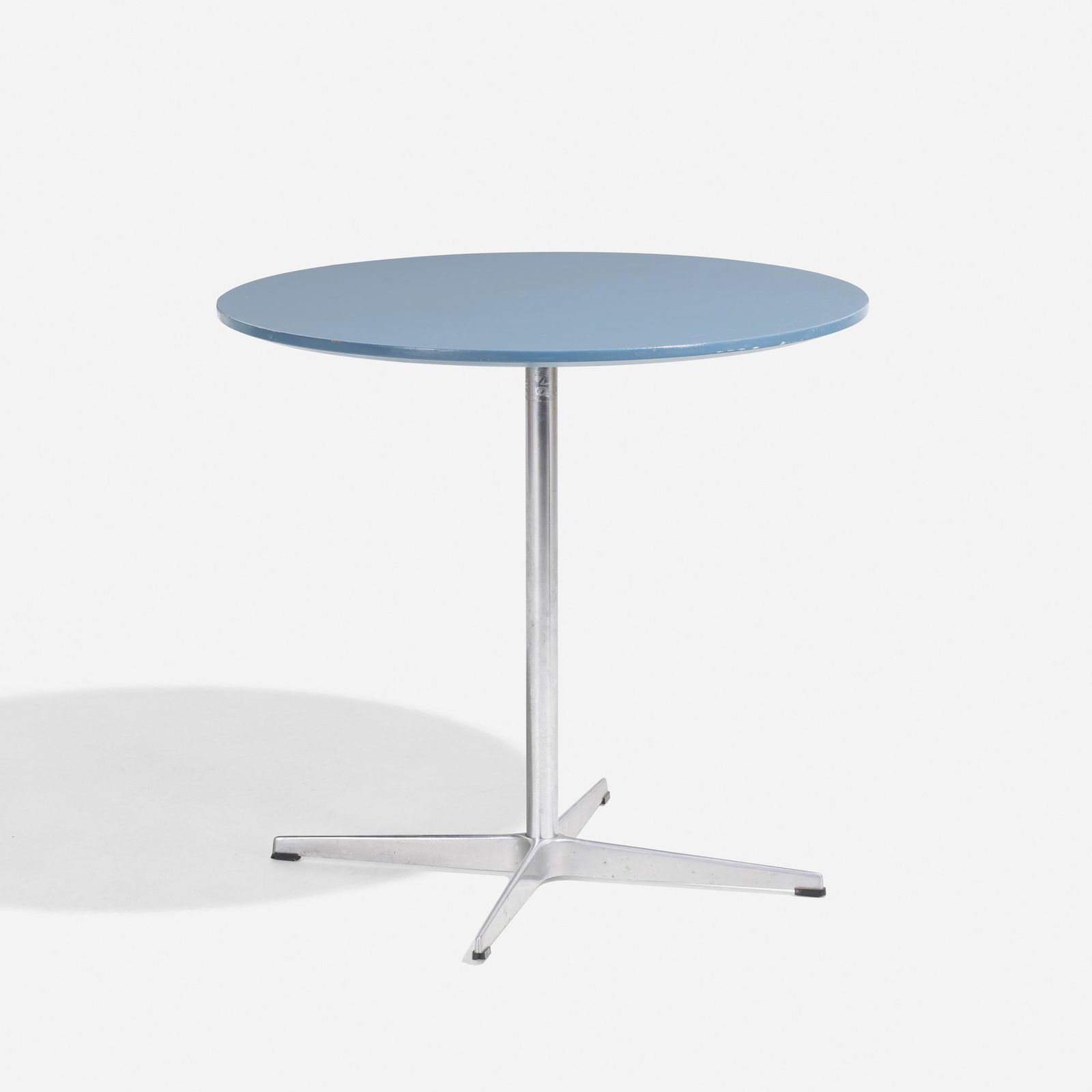 Jacobsen, Hein and Mathsson, Circular table: Arne Jacobsen, Piet Hein and Bruno Mathsson Circular table Fritz HansenDenmark/Sweden, c. 1965aluminum, lacquered wood 27.5 h × 29.5 dia in (70 × 75 cm) Cast manufacturer's m