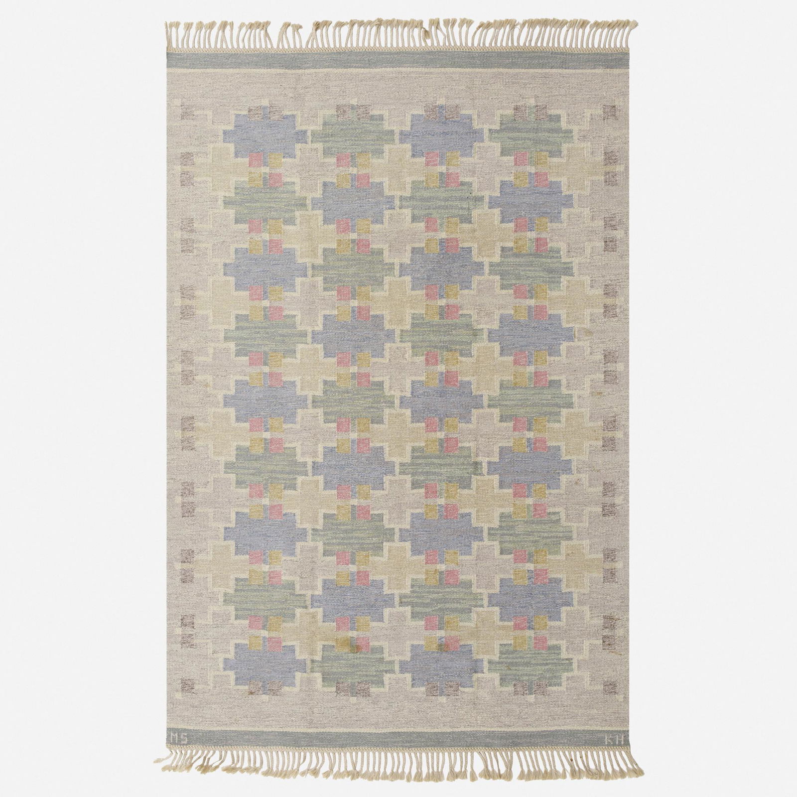 Maj Svanstrom, Flatweave carpet: Maj Svanstrom Flatweave carpet Klockargarden HemslojdSweden, c. 1925hand-woven wool 63 w × 96 l in (160 × 244 cm) Woven signature to edge 'MS KH'.