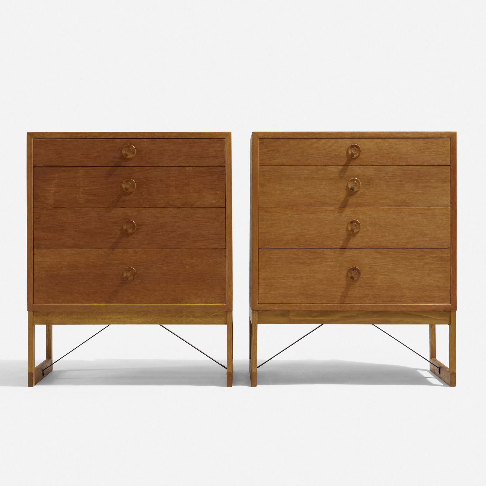 Borge Mogensen, Cabinets, pair: Borge Mogensen Cabinets, pair Karl Andersson & SonerDenmark / Sweden, c. 1955oak, enameled steel 33 h × 27 w × 22 d in (84 × 69 × 56 cm) Each cabinet features fou
