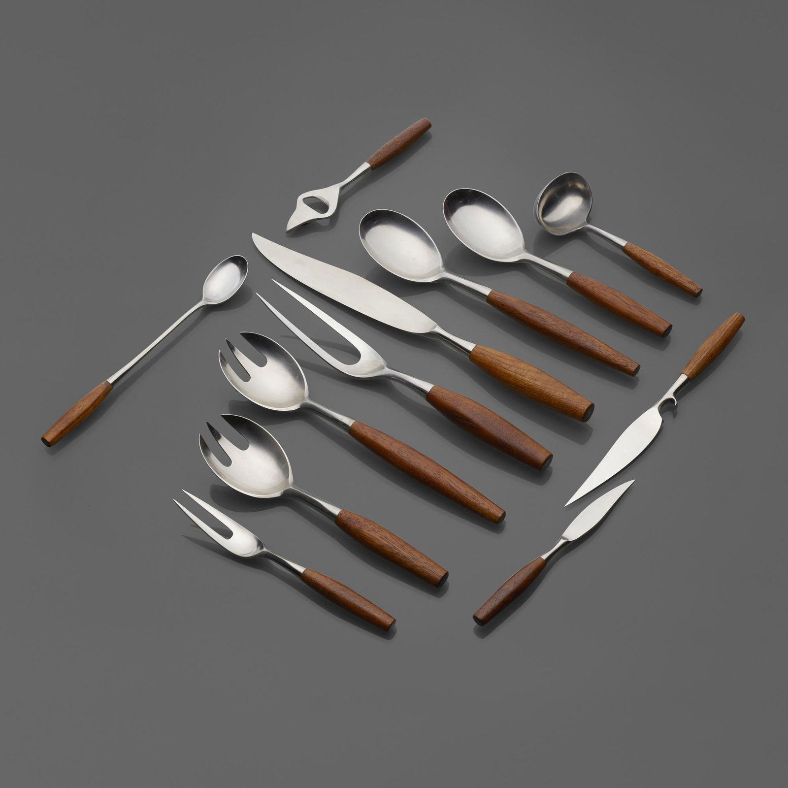 Jens Quistgaard, Fjord flatware: Jens Quistgaard Fjord flatware Dansk DesignsDenmark / Germany, 1953 / c. 1955stainless steel, teak This rare, complete set is comprised of all nineteen original pieces and bears the first i