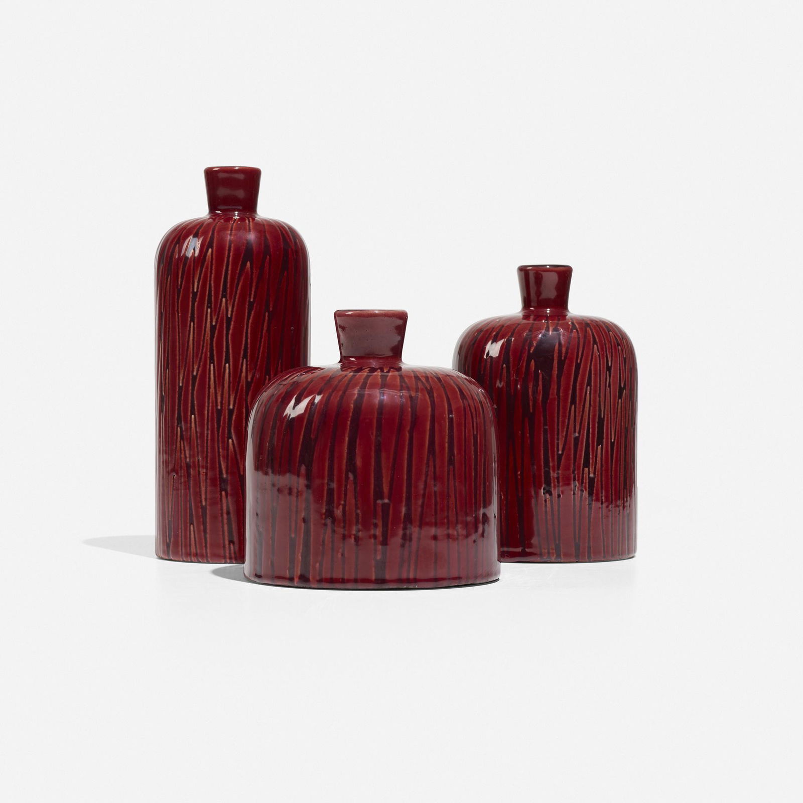 Mari Simmulson, Tokyo vessels, collection of three: Mari Simmulson Tokyo vessels, collection of three Upsala-EkebySweden, 1952-54glazed stoneware tallest: 9.25 h × 3.75 dia in (23 × 10 cm) shortest: 5.75 h × 5.5 dia in (15 &