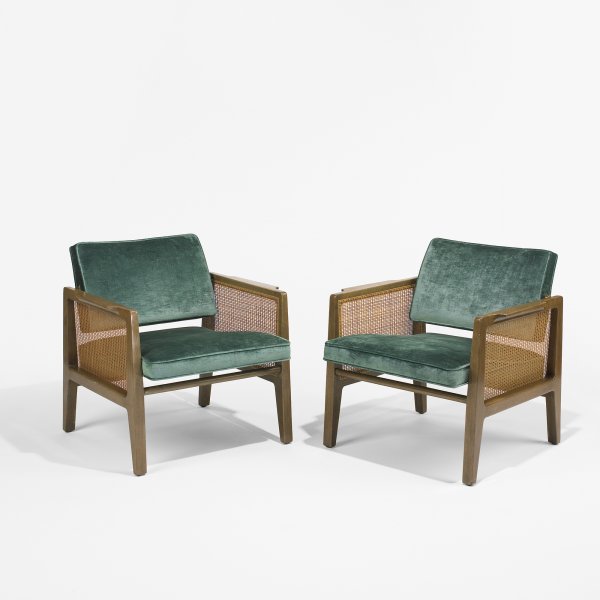 Edward Wormley armchairs model 5513, pair: Edward Wormley armchairs model 5513, pair Dunbar USA, 1955 bleached walnut, upholstery, cane, brass 26.5 w x 27 d x 27 h inches Signed with applied green rectangular manufacturer's label to underside: