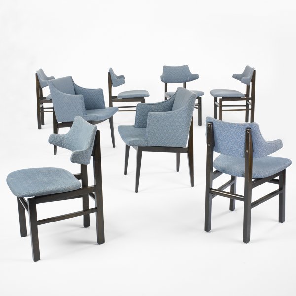Edward Wormley dining chairs, set of eight: Edward Wormley dining chairs, set of eight Dunbar USA, c. 1955 mahogany, upholstery 23.5 w x 24 d x 32.5 h inches Set includes four armchairs, model 675 and four side chairs, model 5517. Literature: D