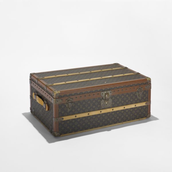 Louis Vuitton steamer trunk: Louis Vuitton steamer trunk France leather over wood, brass, leather, beech, silk 32 w x 18.5 d x 13 h inches Signed with applied manufacturer's label to interior: [Louis Vuitton, 937966, Ave Marceau 