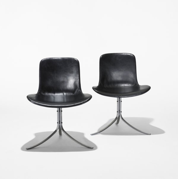 Poul Kjaerholm PK 9 chairs, pair: Poul Kjaerholm PK 9 chairs, pair Fritz Hansen Denmark, 1960/c. 1982 matte chrome-plated steel, leather 22 w x 18 d x 30 h inches Signed with circular impressed manufacturer's mark to base of each exam