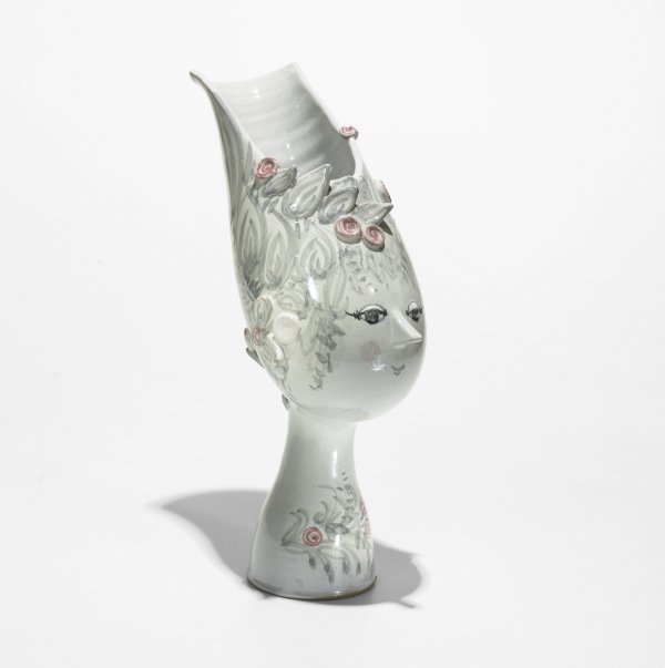 Bjorn Wiinblad figural vase: Bjorn Wiinblad figural vase Denmark, 1964 hand-painted and glazed earthenware 5.5 w x 8 d x 14 h inches Glazed signature to underside: [BW - 64 Denmark].