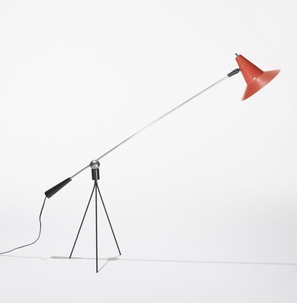 Gilbert Waltrous Tripod floor lamp: Gilbert Waltrous Tripod floor lamp Heifetz Manufacturing Co. USA, c. 1951 enameled steel, enameled aluminum, enameled brass, aluminum, steel 12.5 w x 40 d x 44 h inches