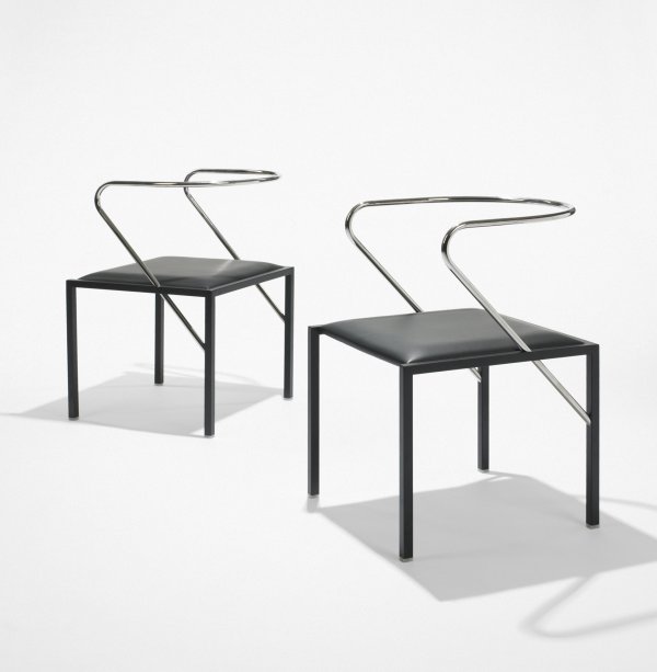 Shiro Kuramata Apple Honey chairs, pair: Shiro Kuramata Apple Honey chairs, pair UMS Pastoe Japan, 1986 chrome-plated and enameled steel, vinyl 18.75 w x 20 d x 28.75 h inches Literature: Shiro Kuramata 1934-1991, Hara et al., pg. 175