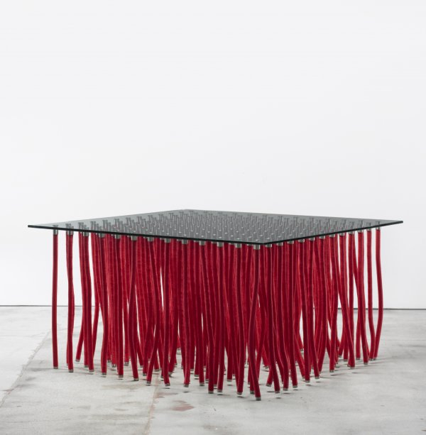 Fabio Novembre Org table: Fabio Novembre Org table Cappellini Italy, 2001 nylon, glass, stainless steel 55 w x 55 d x 29 h inches