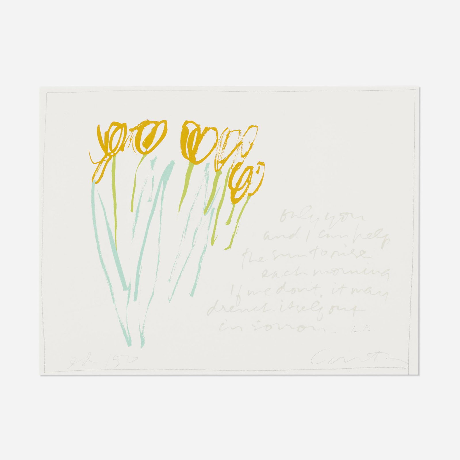 Corita Kent (Sister Mary Corita), only you and I?: Corita Kent (Sister Mary Corita) only you and I can help the sun to rise each morning 1985 screenprint in colors sight: 14.75 h × 19.25 w in (37 × 49 cm) Signed and numbered to lowe