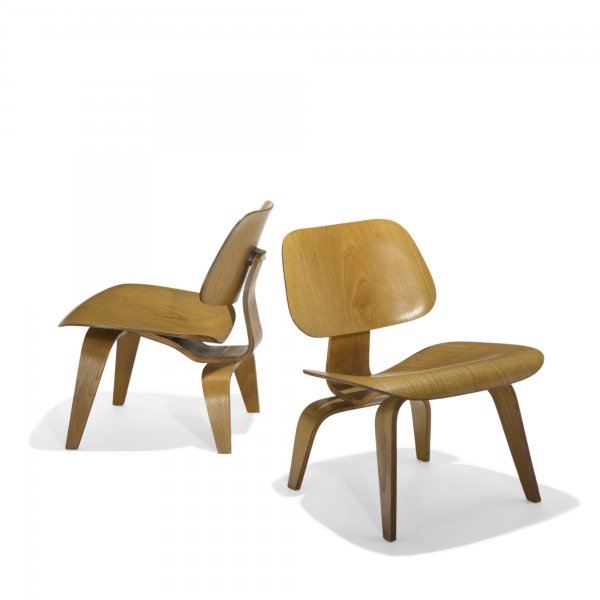 Charles and Ray Eames LCWs, pair: Charles and Ray Eames LCWs, pair Evans Products/Herman Miller USA, 1945/1947 ash plywood, rubber 22.25 w x 24 d x 26.5 h inches Signed with applied manufacturer's paper label to underside of each exam