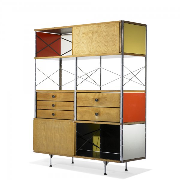 Charles and Ray Eames ESU 400: Charles and Ray Eames ESU 400 Herman Miller USA, 1952 birch plywood, lacquered masonite, laminate, ash, chrome-plated steel, enameled steel 47 w x 17 d x 58.5 h inches Signed with decal manufacturer's