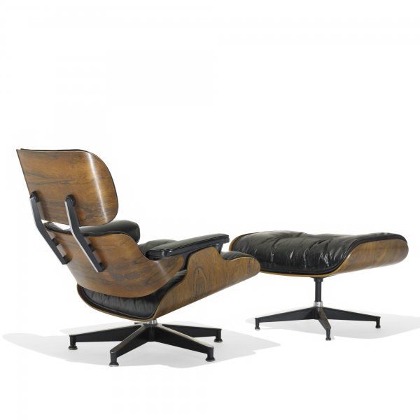 Eames 670 lounge chair and 671 ottoman: Charles and Ray Eames 670 lounge chair and 671 ottoman Herman Miller USA, 1956 rosewood plywood, leather, enameled aluminum, aluminum, enameled steel, rubber, down fill 33 w x 30 d x 32.5 h inches Ott