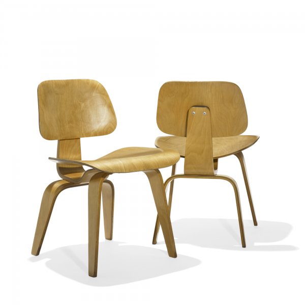Charles and Ray Eames DCWs, pair: Charles and Ray Eames DCWs, pair Evans Products/Herman Miller USA, 1945/1948 birch plywood, rubber 19.5 w x 22 d x 29 h inches Signed with decal manufacturer's label to underside of each example: [Eva
