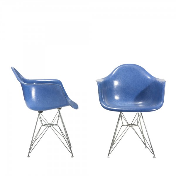 Charles and Ray Eames DARs, pair: Charles and Ray Eames DARs, pair Herman Miller USA, 1951/c. 1960 molded fiberglass, zinc-plated steel, rubber, plastic 25 w x 25 d inches Signed with molded manufacturer's mark to underside of each ex
