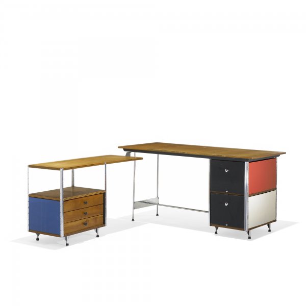 Charles and Ray Eames ESU desk and return: Charles and Ray Eames ESU desk and return Herman Miller USA, 1952 birch plywood, lacquered masonite, chrome-plated steel, enameled aluminum, lacquered wood, rubber 60 w x 67 d x 29.5 h inches Literatu